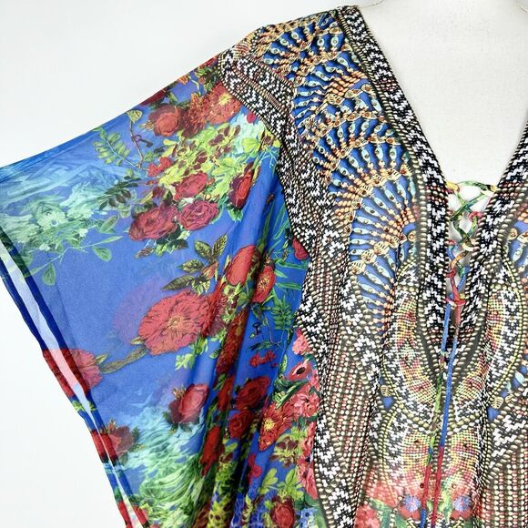 ASA Kaftan Printed Caftan Cover-Up Jeweled Beaded Tassels Floral Short Small - Picture 5 of 9